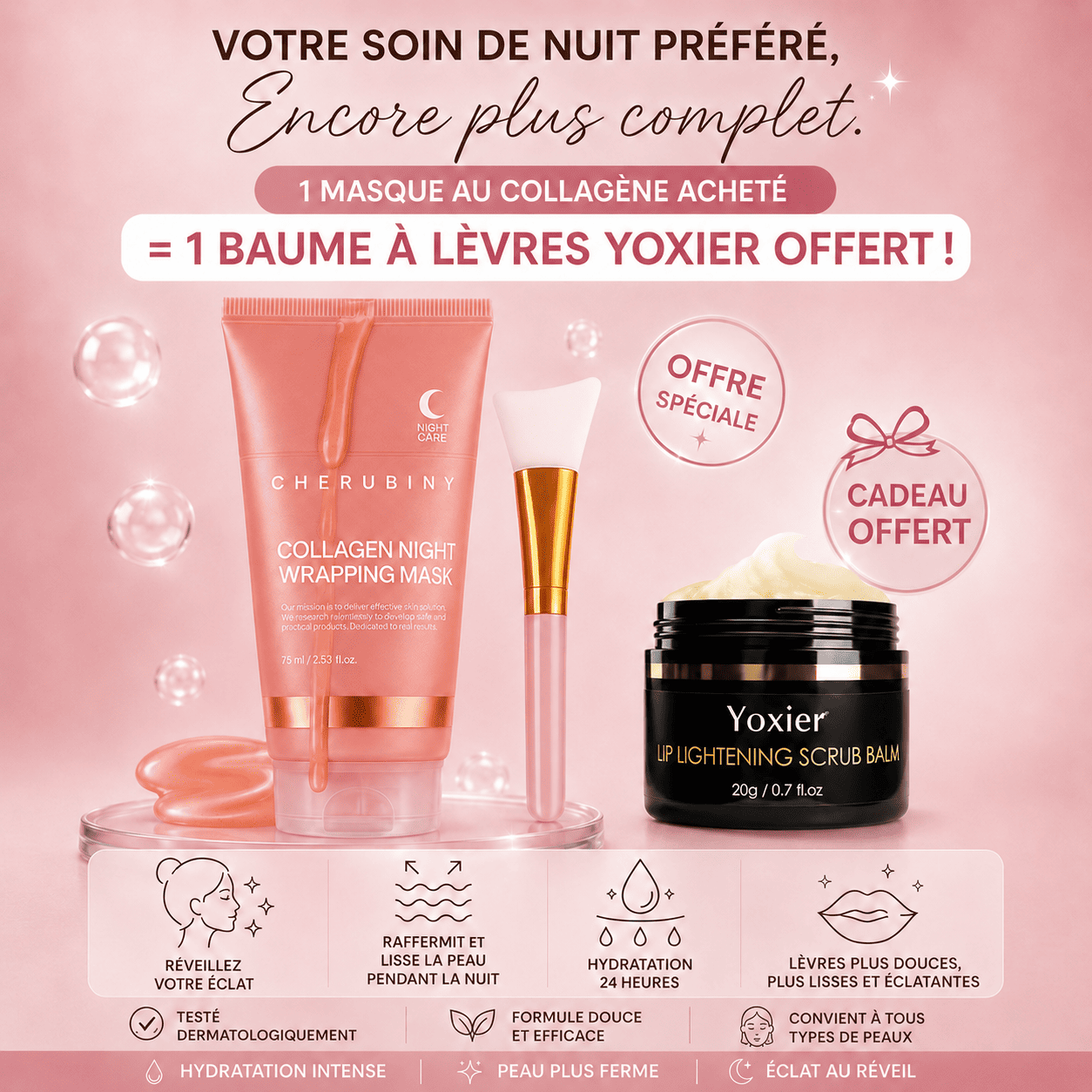 Masque au collagène + Baume pour lèvres roses Yoxier